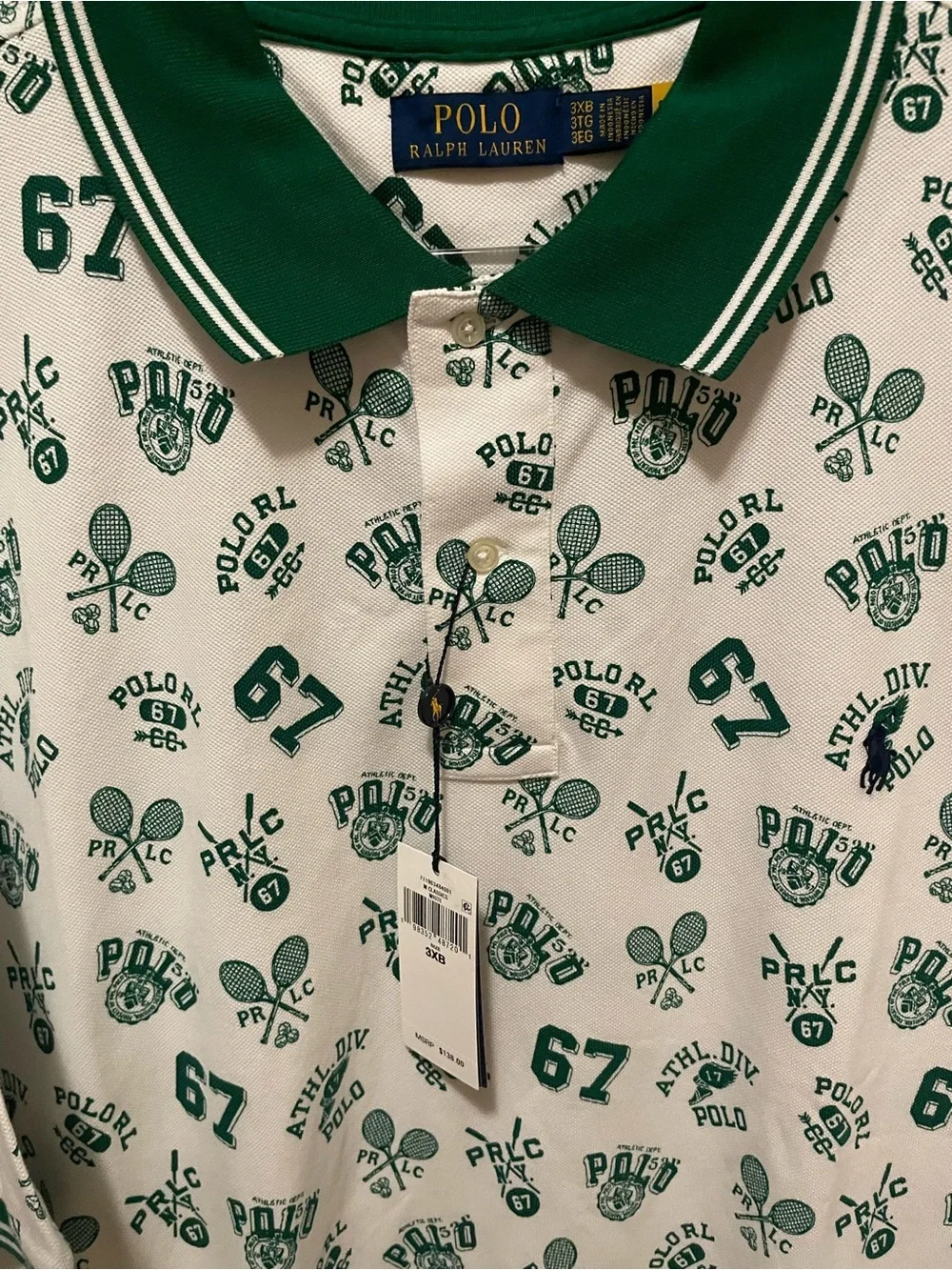 NWT Polo Ralph Lauren white polo shirt with green tennis-themed print 3XB